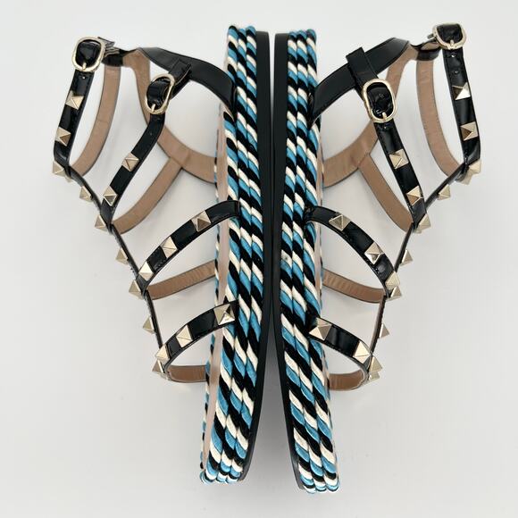 VALENTINO GARAVANI Rockstud Caged Leather Sandals EU 38 US 8 Blue Black Flats - Picture 5 of 11